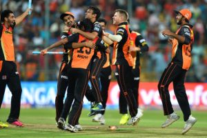 Sunrisers Hyderabad captain David Warner (2nd R) celebrates his team's victory against Royal Challengers Bangalore during the final Twenty20 cricket match of the 2016 Indian Premier League (IPL) between Royal Challengers Bangalore and Sunrisers Hyderabad at The M Chinnaswamy Stadium in Bangalore on May 29, 2016. / AFP PHOTO / MANJUNATH KIRAN / ----IMAGE RESTRICTED TO EDITORIAL USE - STRICTLY NO COMMERCIAL USE----- / GETTYOUT