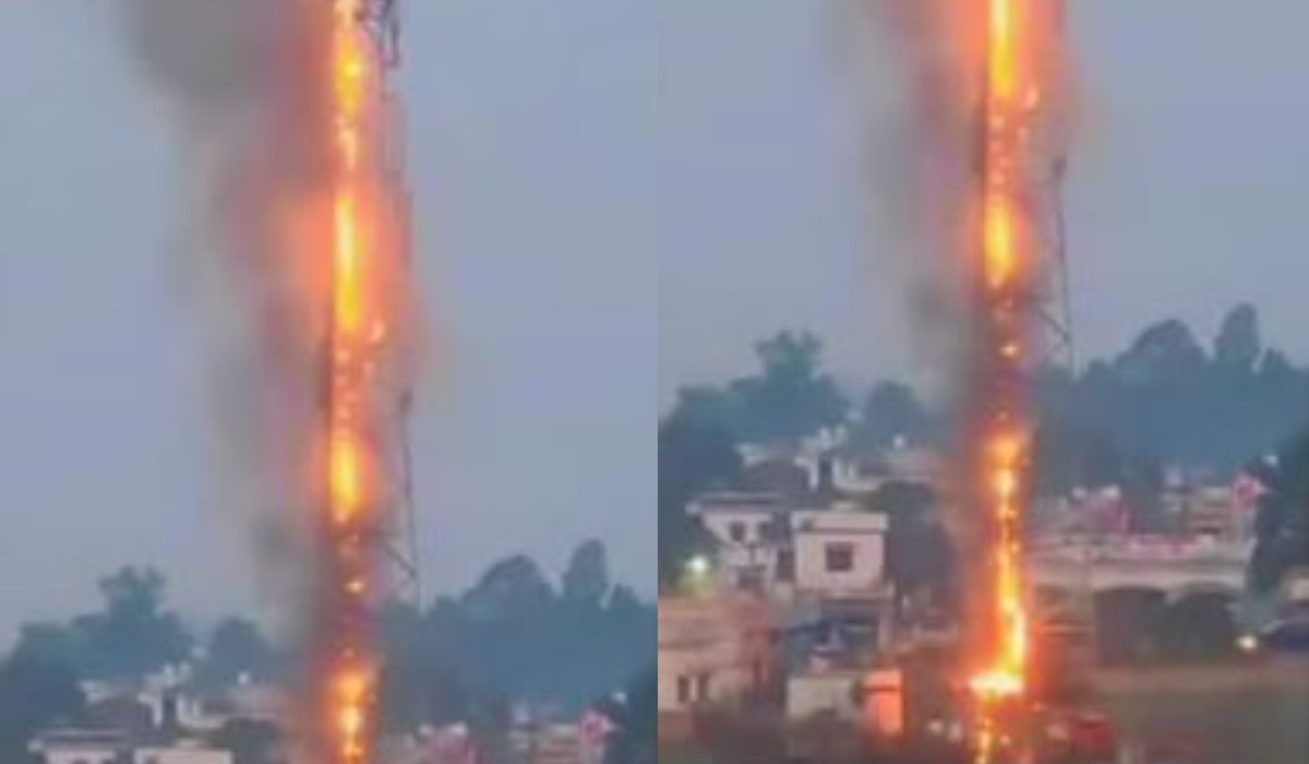 खेत पर लगे मोबाइल टावर में लगी आग