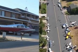 Here you will find an airplane in the parking lot of every house