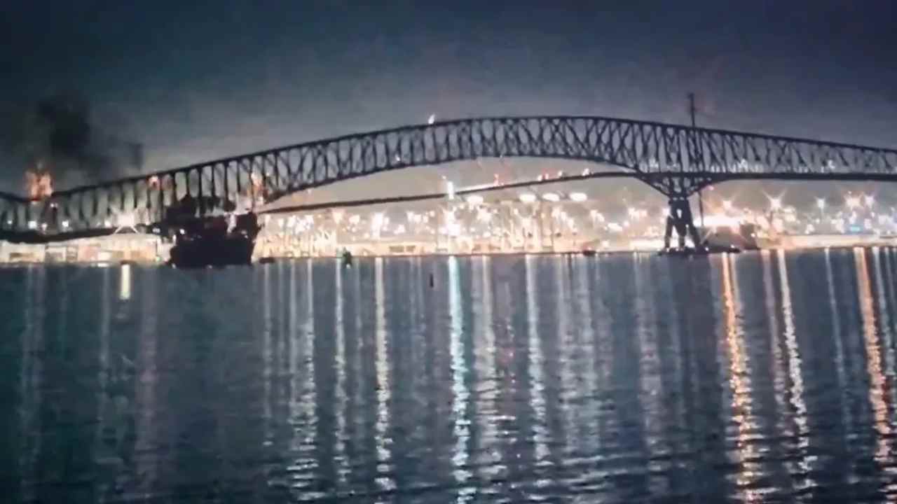 Ship collides with bridge in Baltimore River in America
