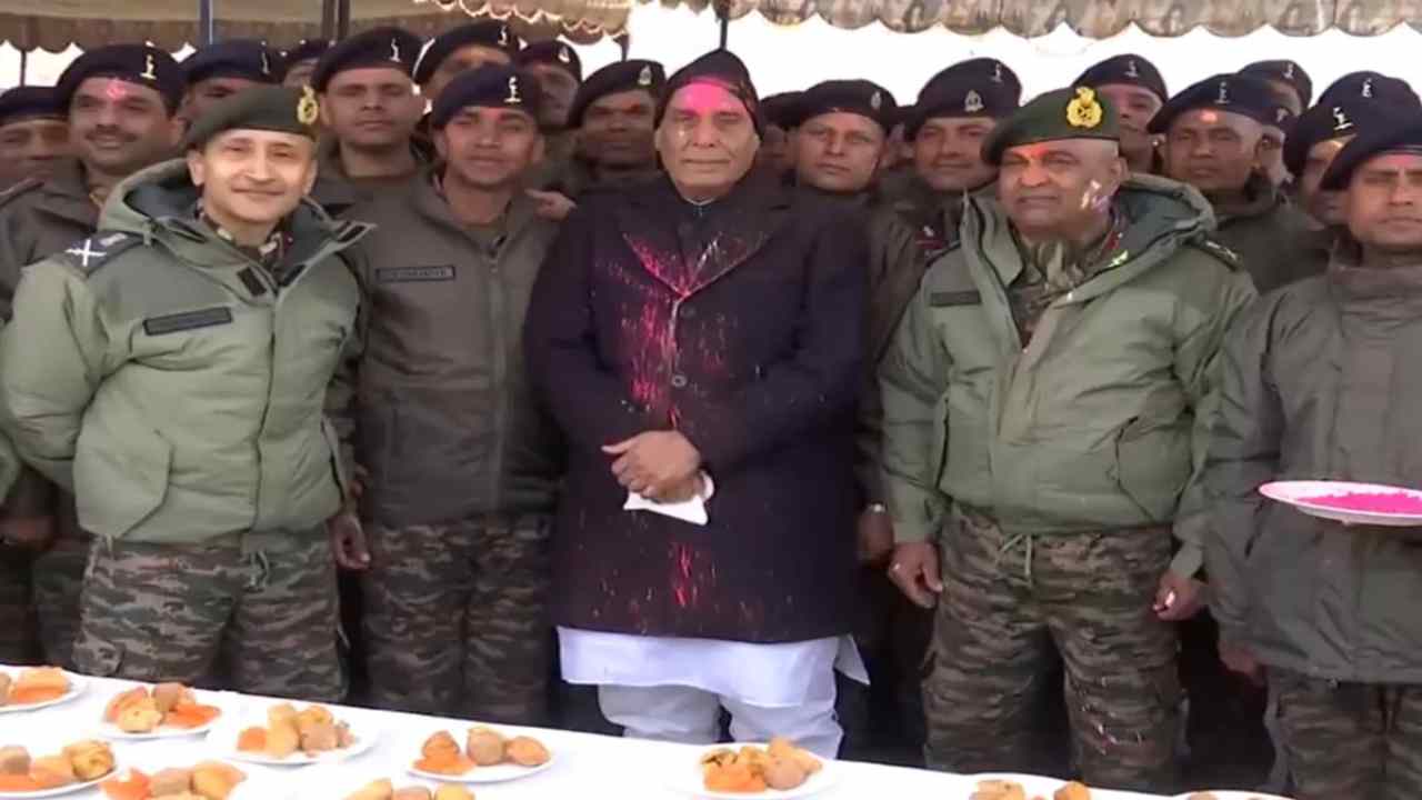 Defense Minister Rajnath Singh celebrated Holi with soldiers in Leh, Ladakh.