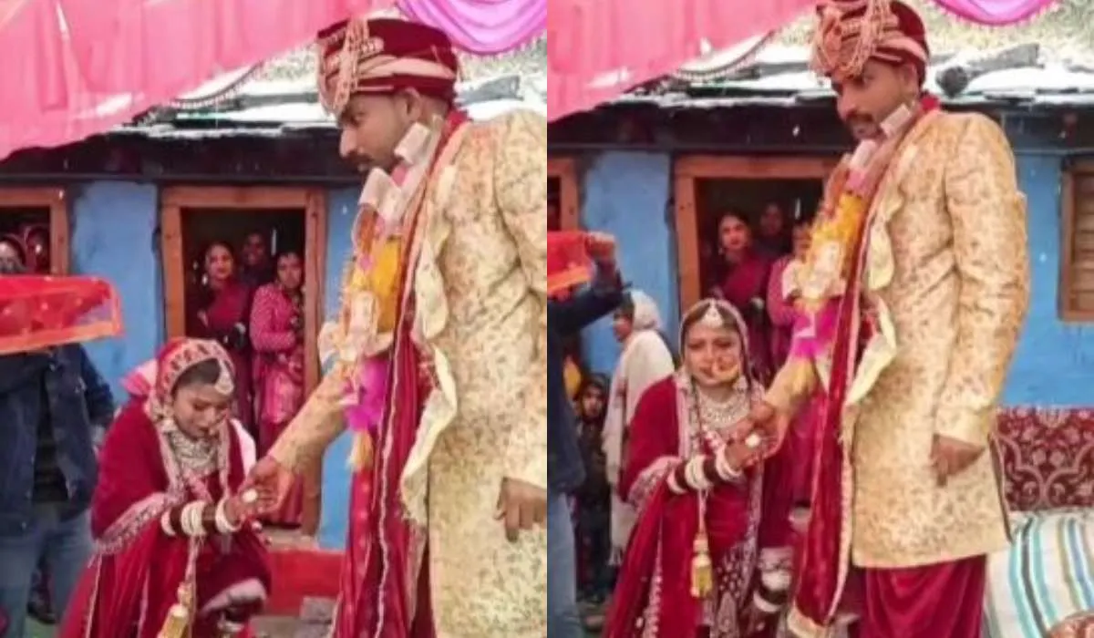 सफेद चादर में लिपटा पहाड़, बर्फबारी के बीच निभाई शादी की रस्में, वीडियो देखें बर्फबारी के बीच निभाई शादी की रस्में