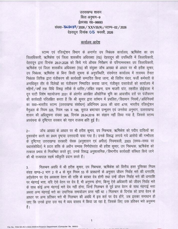 Deputy Registrar of Rishikesh suspended