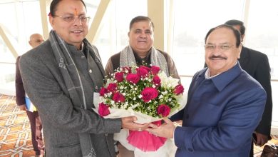 pushkar singh dhami welcome jp nadda